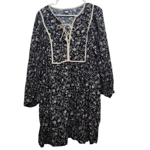 Old Navy Long Sleeve Boho Black Floral Mini Dress Cottagecore Peasant Size XL